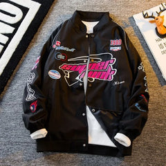 Threebooy Men's Jacket High Street Vintage Retro Locomotive Baseball Uniform Spring Autumn Loose Single-breasted Embroidered Jackets