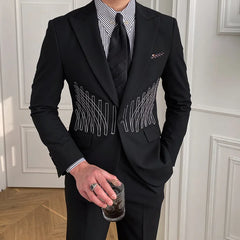 Threebooy High Quality Embroidery Patterns Suit Two Piece Wedding Party Suit Groom Banquet Suit Slim Costume Homme Mariage