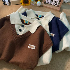 Threebooy fake two piece sweater design sense, small number, autumn and winter new loose polo collar knitted coat, large
