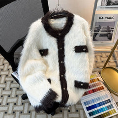 Threebooy Autumn/Winter New Men's Mink Sweater Jacket Sensibility Nichetweed Style Color Blocking Knitted Cardigan Thick