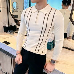 Threebooy Men's Jersey Luxury Polo Neck Zipper Knit Sweater Casual Fashion Solid Color Long Sleeve Pullover Premium Quality Knitwear M-3XL