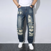 Threebooy New Fashions Loose Men's Ripped Jeans Dark Blue Soft Pants Streetwear Loose Hip Hop Straight Hole Denim Trousers Male