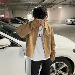 Threebooy Short Lapel Jacket Men's Spring Autumn Vintage Handsome High Street Jacket Men Women's Versatile Preppy Zipper Up Coat