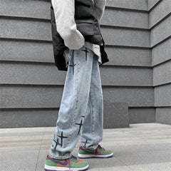 Threebooy Fashion Star Embroidery Men's Baggy Straight Jeans Korean Y2K Wide Leg Denim Pants Personality Streetwear Hip Hop Male Trousers