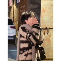 Threebooy Black and White Striped Mohair Sweater for Men Lazy Style Relaxed Style Couple Sweater Jacket