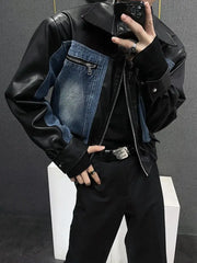 Threebooy Cargo Retro Patchwork Leather Denim Jacket Men Autumn Niche Patchwork Design High-end K-pop Short Jacket Casual Top