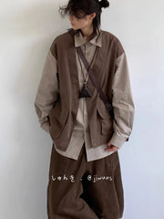 Threebooy Japanese Style Dressing Retro Fake Two-piece Vest Long-sleeved Work Shirt American Fashion Men Casual Loose Shirt Trendy Jacket