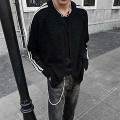 Threebooy Spring Autumn New Hollow Zipper Cardigan Sweater Men American Retro Niche Casual Loose Sports Lazy Knitted Sweater Jacket