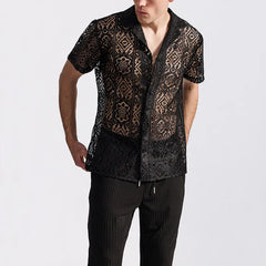 Threebooy Men's Mesh Lace Knit Short Sleeve Shirt Hollow-Out Dance Perspective Shirts Summer Streetwear Nightclub Disco Performance Tops