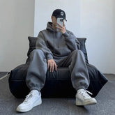 Threebooy Men Women Gray Hoodie Set Loose Thick Fleece Tracksuit Minimalist Streetwear Unisex Fashion Fall Winter Warm 2 Piece Outfit