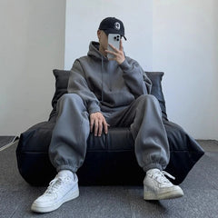 Threebooy Men Women Gray Hoodie Set Loose Thick Fleece Tracksuit Minimalist Streetwear Unisex Fashion Fall Winter Warm 2 Piece Outfit