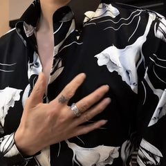 Threebooy Spring Summer New Fashion Printed Shirts Men's Clothing Korean Style Loose Harajuku Blusa Polo Neck Long Sleeve Cardigan Tops