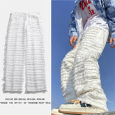 Threebooy American Street Hip-hop Heavy Industry Ripped Men's Jeans Spring Straight Loose Vibe Style Skateboard White Flared Pants