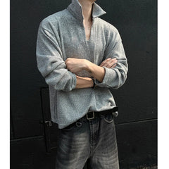 Threebooy American High-end V-neck Polo Shirt Long-sleeved T-shirt Men's Spring Autumn Couple's Trend Simple Base Shirt Elegant Streetwear