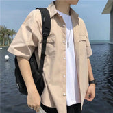 Threebooy Summer Workwear Short-sleeved Hong Kong Style Brand Versatile Loose Solid Color Student Shirt Jacket