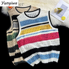 Threebooy Contrast Striped Hollowed Out Knit Tank Top Men's Oversize Summer Japanese Outerwear Layered Bf Couple Knitwear Sleeveless Top
