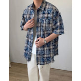 Threebooy American Style Loose Vintage Casual Plaid Quarter Sleeves Shirt Men Summer Burr Edge Contrasting Colors Short Sleeved Shirt