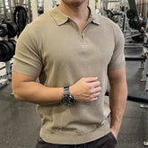 Threebooy New Men Fashion Tops American Style Light Luxury Knitted Zipper Polo Shirt Casual Fitness Solid Color Short Sleeve Fitness Tees