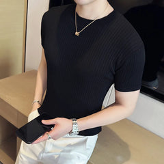 Threebooy Clothing New Summer Men T-shirt Knitted Short Sleeves Top Men's Solid Color O-neck Pullover Thick Slim Knitted Tees S-3XL