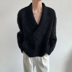 Threebooy Mens Sweater Furry Knit Sweater Street Wear Fashionable Comfortable Youth Trend All-Match Deep V Long-Sleeved Top Men'S Clothing
