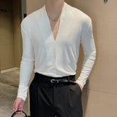 Threebooy Autumn Trend High Elasticity Ribbed Knitted Long Sleeve T-shirt men Temperament V-neck Versatile T-shirt casual Base Shirt