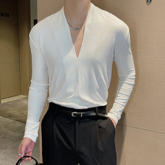 Threebooy Autumn Trend High Elasticity Ribbed Knitted Long Sleeve T-shirt men Temperament V-neck Versatile T-shirt casual Base Shirt