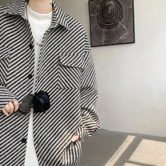 Threebooy Winter Short Woolen Coat Men Warm Fashion Retro Thickened Woolen Jacket Men Korean Loose Stripe Woolen Coat Mens Thick Jackets
