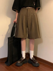 Threebooy Summer Japanese Retro Simple Solid Color Casual Trousers Men Women Loose Wide-leg Shorts Fashionable and Trendy Five-point Pants