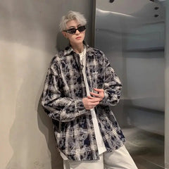 Threebooy Tie-dye Long-sleeved Plaid Shirt Men Versatile Trendy High Street Lapel Jacket