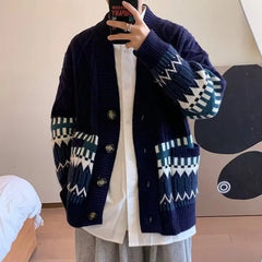 Threebooy New Autumn and Winter Fashion Academy Style V-neck Printed Single Breasted Loose Casual Oversize Men's Sweater Cardigan
