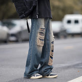 Threebooy American style torn jeans, men's summer washed and worn-out, loose Casual fitting wide leg straight tube mop, trendy high street pants