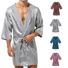 Threebooy Hot Selling Men Summer Bathrobe Male Silk Short Sleeve Bath Robe Sexy Mens Dressing Gown Bathrobes(No shorts)