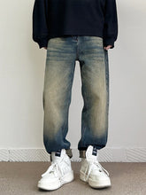 Threebooy High Street Vintage Blue Jeans Men Baggy Straight Fashion Korean Denim Pants Streetwear High Quality Trousers Male Trendy Brand