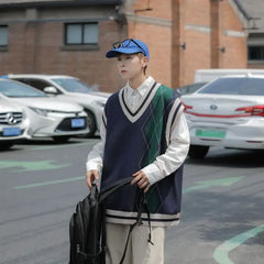 Threebooy Sweater Man Sleeveless Korean Fashion New In Waistcoat Elegant Aesthetic Loose Fit Designer Y2k Style Cheap Knit Vests for Men