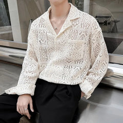 Threebooy New Chic Men Hollow Out Cardigan Tops Light Luxury Korean Style Long Sleeve Shirts Casual Retro Solid Color Button-down Blouse