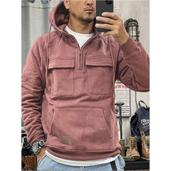 Threebooy Spring Autumn New Men's Hooded Solid Color Sweatshirt Multi Pocket Leather Patch Sports Coat