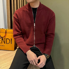 Threebooy Japanese Stand Collar Men Cardigan Jacket Light Luxury Trendy Knitted Zip-up Long Sleeve Sweater Coat Premium Quality Knitwear