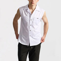 Threebooy New Summer Men's Sleeveless Shirt Solid Color Pocket Single Breasted Nightclub Shirts Male Streetwear