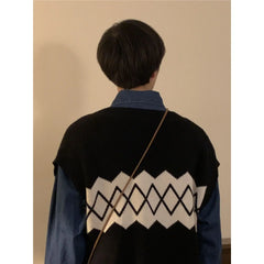 Threebooy Autumn New Preppy Vest American Retro Japan College Knitted Sweater Vest Jacket Men's Cardigan Diamond Embroidery Sweater Chic