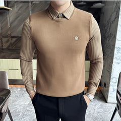 Threebooy Fake 2 Pieces Shirt Neck Knit Sweaters/Male Slim Fit Fashion Long-sleeved Pullover/Male High Quality Stripe Casual Sweater 4XL