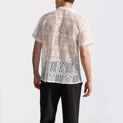Threebooy Men's Mesh Lace Knit Short Sleeve Shirt Hollow-Out Dance Perspective Shirts Summer Streetwear Nightclub Disco Performance Tops