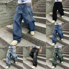 Threebooy Men Baggy Denim Pants Wide Leg High Waist Belt Casual Trousers Loose Plus Size Stylish Streetwear Men's Hip Hop Streetwear