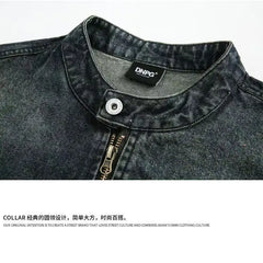 Threebooy American Retro Washing Work Clothes Denim Jacket Spring Autumn Simple Street Casual Trend Niche Stand Collar Jacket Aesthetic