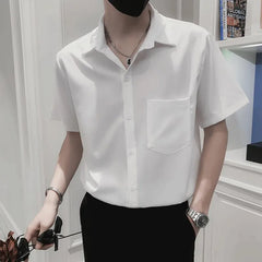 Threebooy Summer Men's Fashion Short Sleeve Shirts Youth Loose Lapel Shirt College Style White/Green Black Color Retro Shirts S-3XL