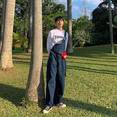 Threebooy American Retro Large Size Denim Overalls Men's Loose Trend Korean Style Fashion 2025 New High-end Straight Suspender Jumpsuit