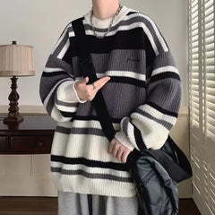 Threebooy Sweaters Autumn New Contrast Stripe Sweaters Men's Birthday Series Retro Couple Knitwear Fashion Round Neck Sweaters