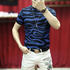 Threebooy Summer Zebra Stripe Print T-shits Men Slim Short Sleeve Casual Tshirts Ice Silk Hollowed Out Mesh Round Neck Tee Tops