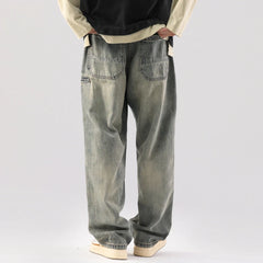 Threebooy New autumn winter washed yellow mud jeans for men with a high-end feel, American plus size wide leg pants