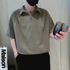 Threebooy Mens Shirt Half Zip Casual Shirt Summer British Daily Business Commuting Office Solid Color Short-Sleeve Top Men'S Clothing