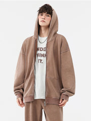 Threebooy Men's Zip-Up Washed Faded Hoodies 330GSM Cotton Polyester Knit Cardigan Tops Street Y2K Oversized Hoody Sweatshirts Unisex